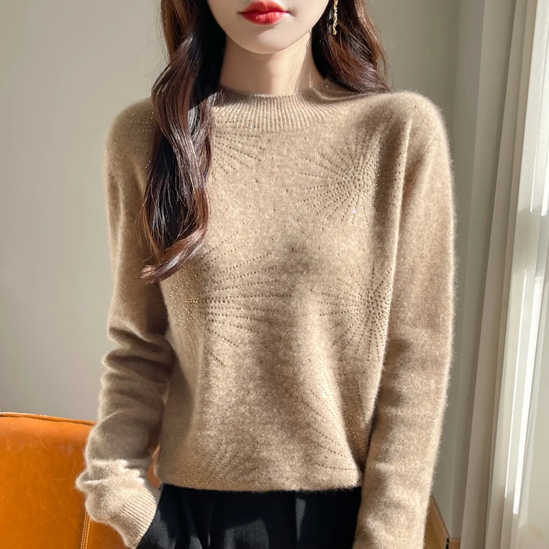 Pull en laine pour femme, col mi-haut, manches longues, 100% Pure laine, coupe ample, incrusté de diamants, haut de tempérament, nouvelle collection automne hiver