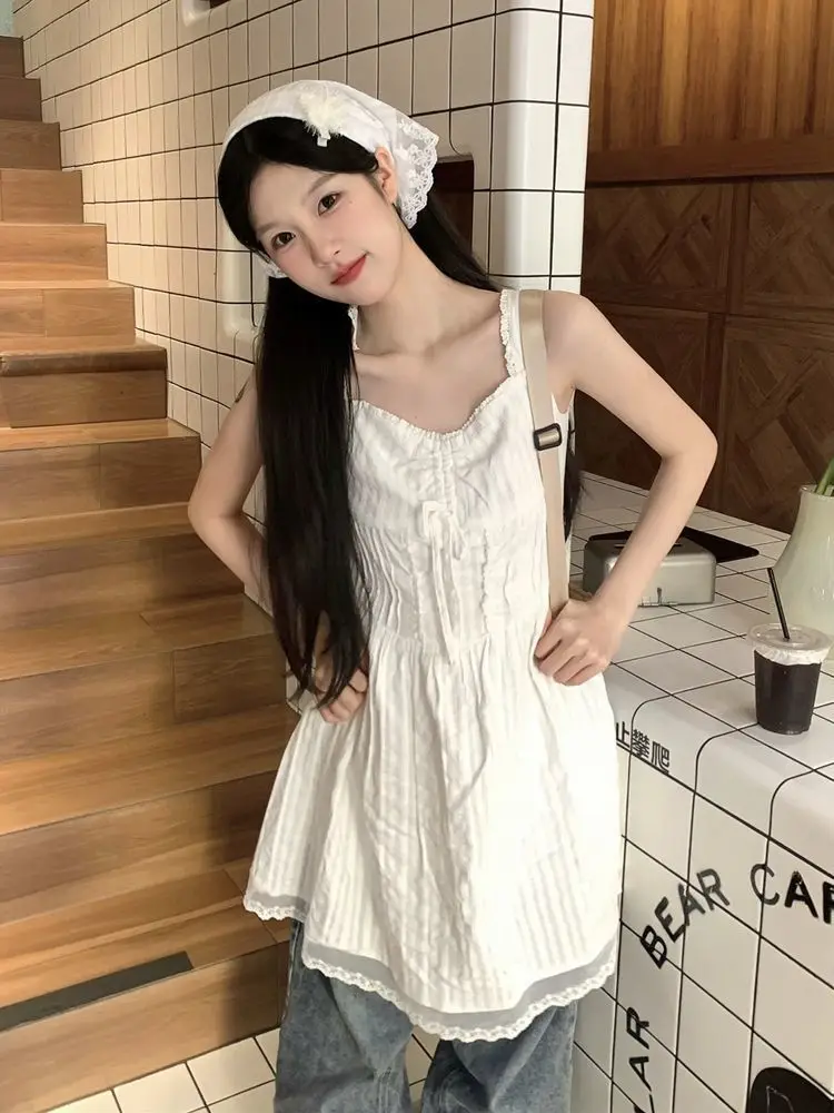 White Dress Women Sleeveless Summer Holiday Mini Sweet Lace Flattering Waist A-line Vestidos Elegant Simple Korean Style Folds