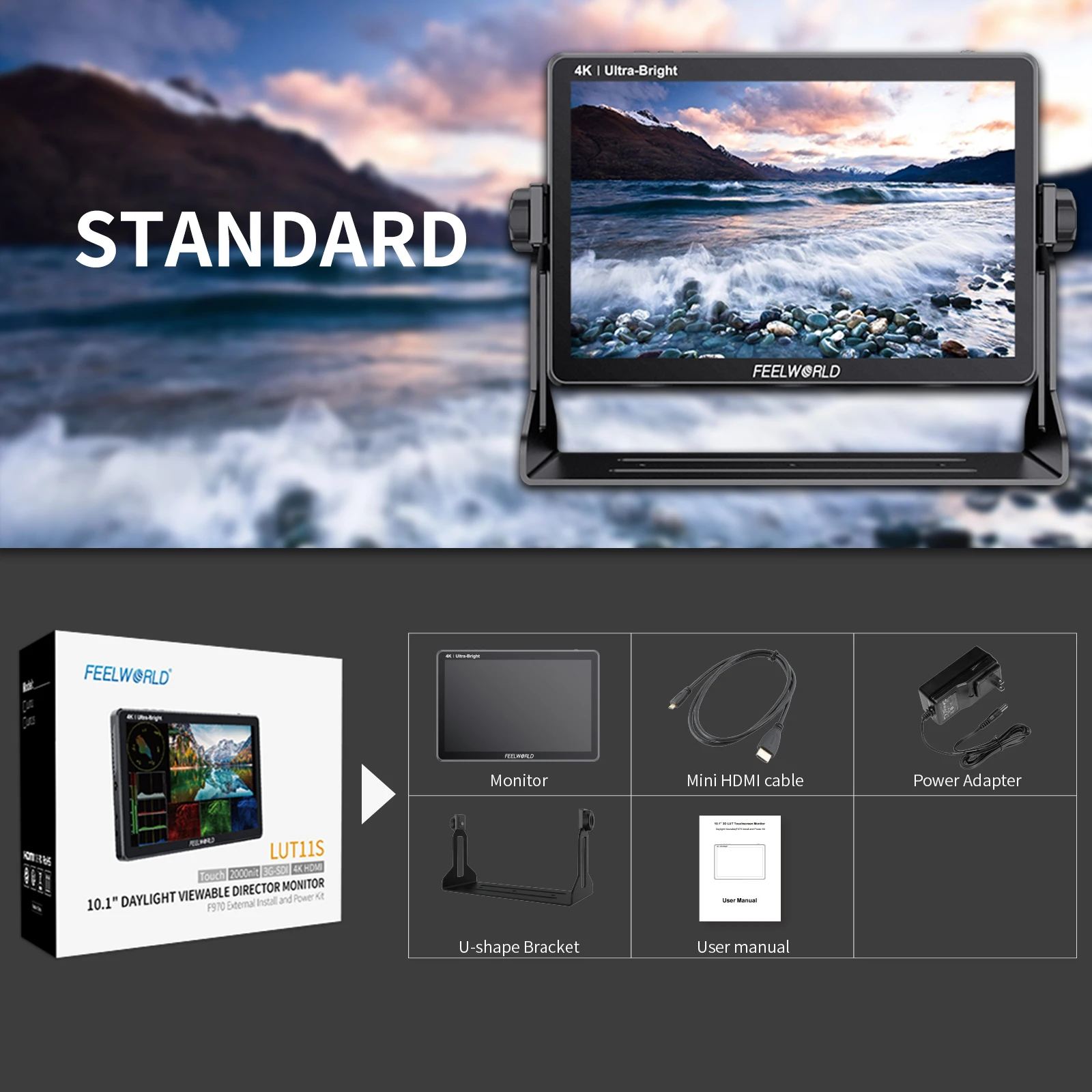 FEELWORLD 10.1 Inch 2000nit Ultra Bright Camera Field Monitor IPS 1920x1200 Touch Screen 3DLUT 3G-SDI HDMI F970 External LUT11S