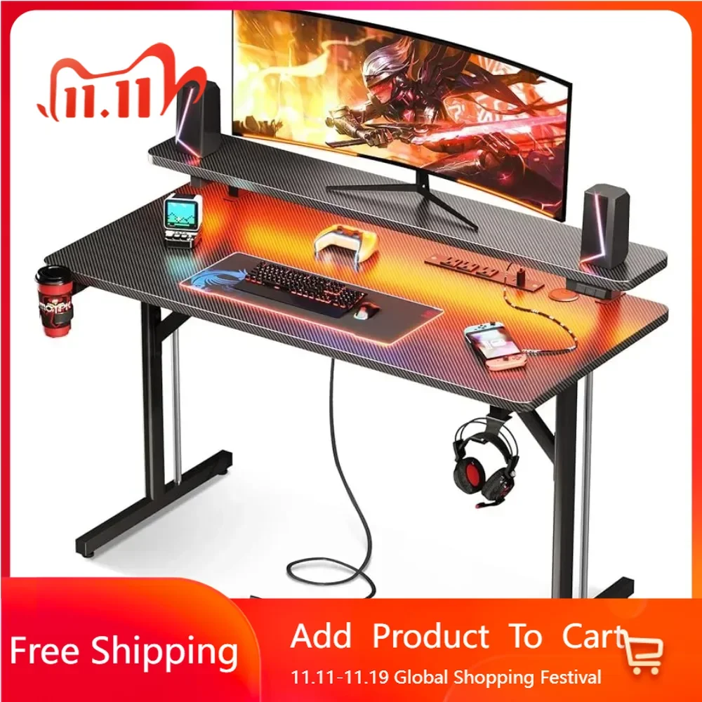 Small Gaming Desk with LED Lights & Power Outlets, 39 Inch Computer Desk Gaming Table with Monitor Shelf, Gamer Desk with Carbon