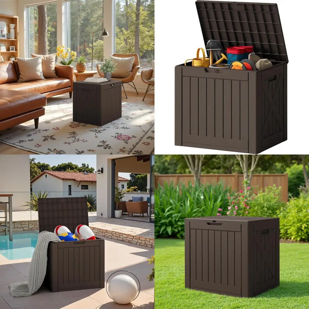 

Водонепроницаемый ящик для хранения из полимерной смолы на 42 галлона с боковыми ручками, запираемая уличная скамья-ящик для подушек для патио и садовых инструментов (коричневый)