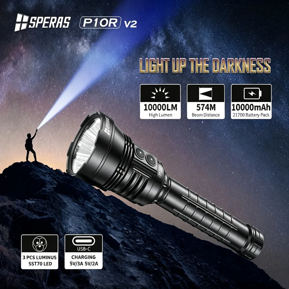 Speras P10R V2 Powerful Flashlight 10000LM 3×SST70 LED 574m Long Throw USB‑C Rechargeable 10000mAh Battery Outdoor Torch