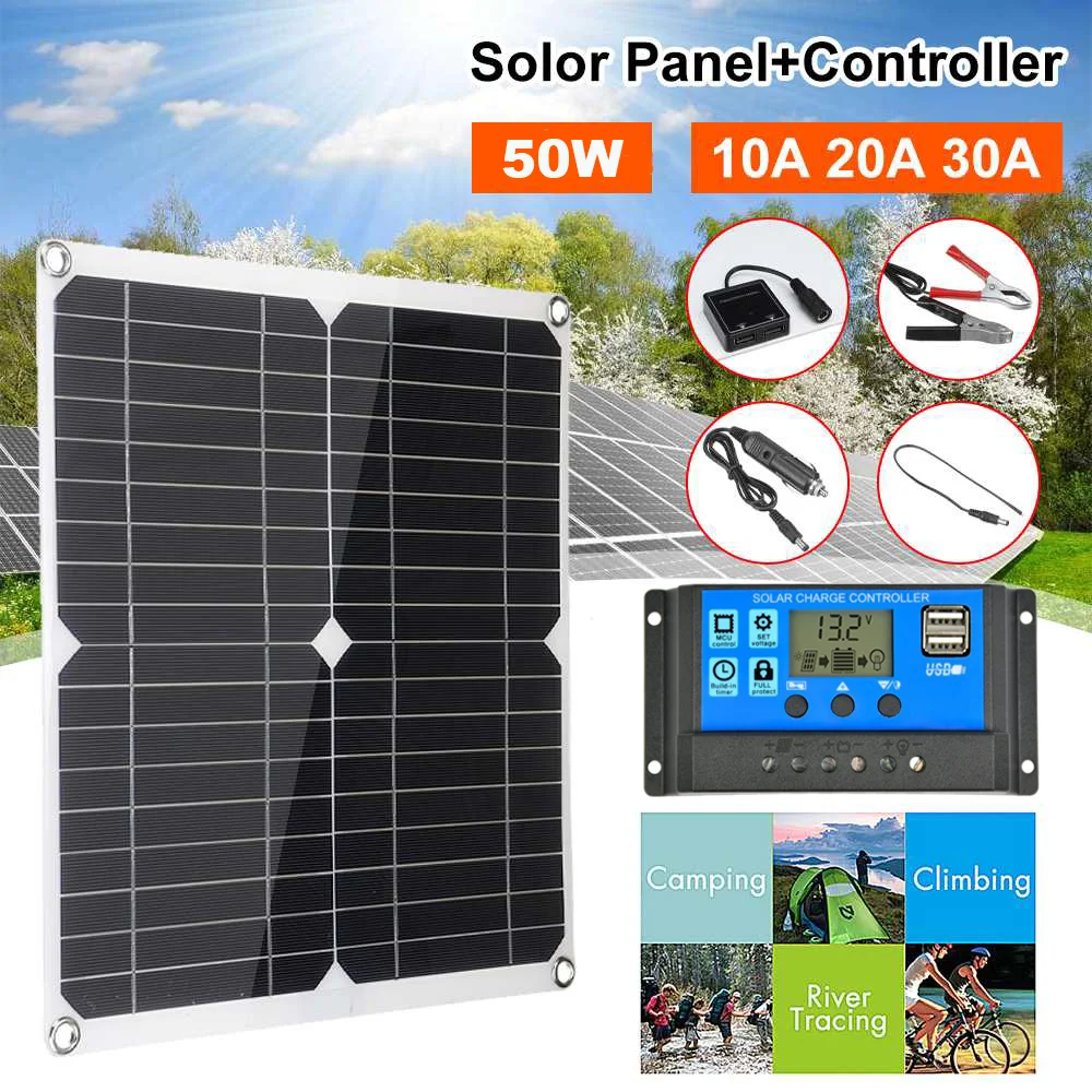 

50W Solar Panel Solar Cells Poly Solar Panel Dual USB Output 10/20/30/40/50A/60A Controller for 12V/24V Battery Power Charger