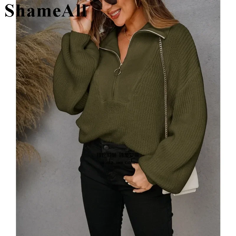 Women Turtleneck Rib Knit Tops Pullover Sweater Stand Collar Half Zip Pullovers Turn-down Collar Womens Knitwear