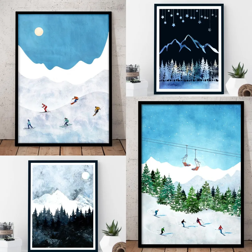 1pc frameless Canvas Painting Retro Mountain Print Ornamental Snowy Wall Art Pictures Snowberg Group Ski Canvas Poster Kids Bedr