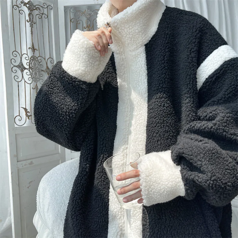 

Мужская зимняя утепленная куртка из овечьего меха с хлопковым наполнителем, теплая, морозостойкая, с воротником-стойкой, цветные блоки, хлопковая одежда