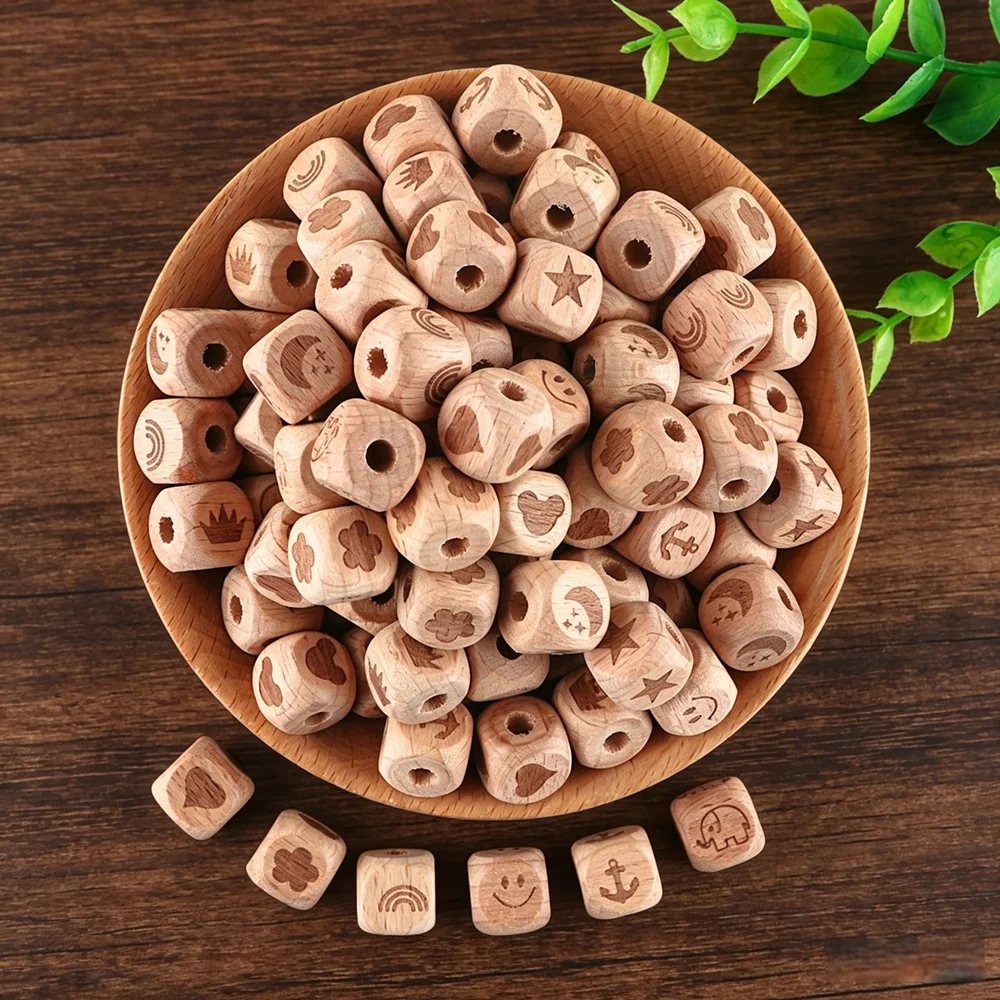 10/20/50Pcs Square Printing Beads Beech Wooden Spacer Bead 12MM For Handmade Jewelry Making DIY Pacifier Chain Bracelet Necklace