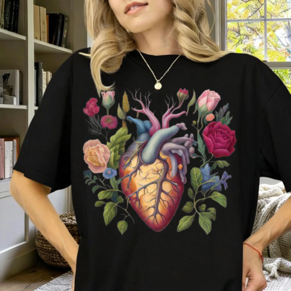 A Stunning Bursting with Vibrant Roses and Delicate Floral Graphic Tee  An Intricate Anatomical Human Blooming Heart Shirt