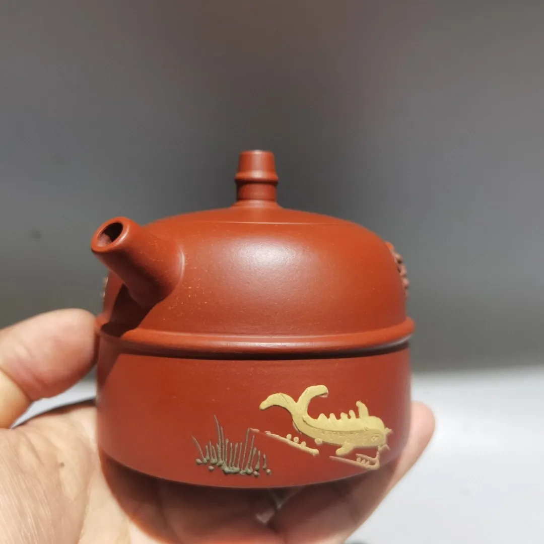 Yixing Purple Clay Teapot painted Fish dragonfly flower pattern Waist line Han Duo pot Kettle Teapot Amass wealth Ornaments Town