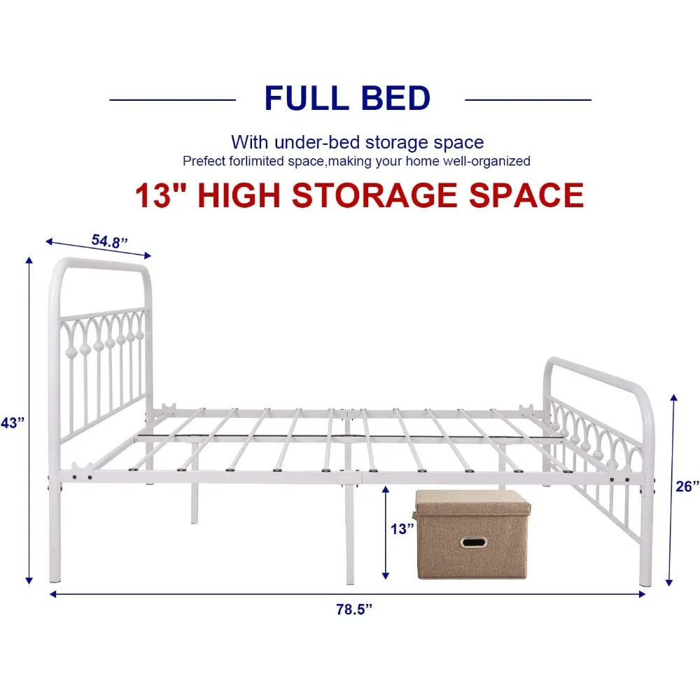 โครงเตียงเหล็กดัดสไตล์วินเทจขนาดเต็มพร้อมหัวเตียงและที่วางเท้า ฐานแบบแท่น สีขาว