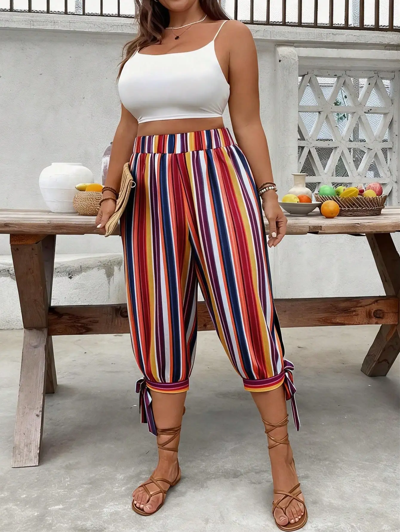 

Plus Size Women's Summer Slit Bowknot Capri Pants, Casual Home Vacation Style Elastic Waist Cuffed Pants