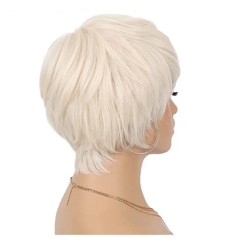 Pelucas de mujer de pelo liso corto blanco cremoso ombré con flequillo peluca sintética de corte Pixie pelo falso de estilo resistente al calor