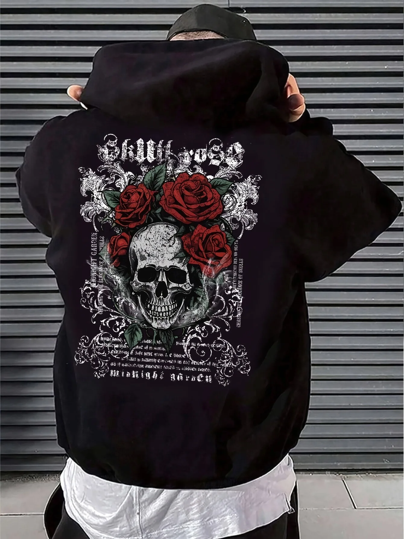 

Men's black rose skull pattern hoodie CHILL OUT letter print loose street style pullover hoodie