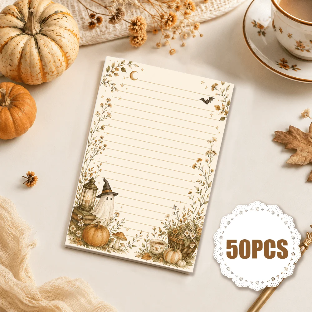 50 Sheets, Vintage Autumn Ghost Pumpkin-themed Writing Paper,lined, Glue-free, Very Suitable For Notebooks,memos, And Stickers