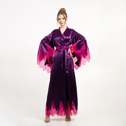 Elegant Purple Silk Women's Nightwear Skin Friendly Comfort Pajamas Flare Lace Sleeves Housecoat Sleepwear Size Customized