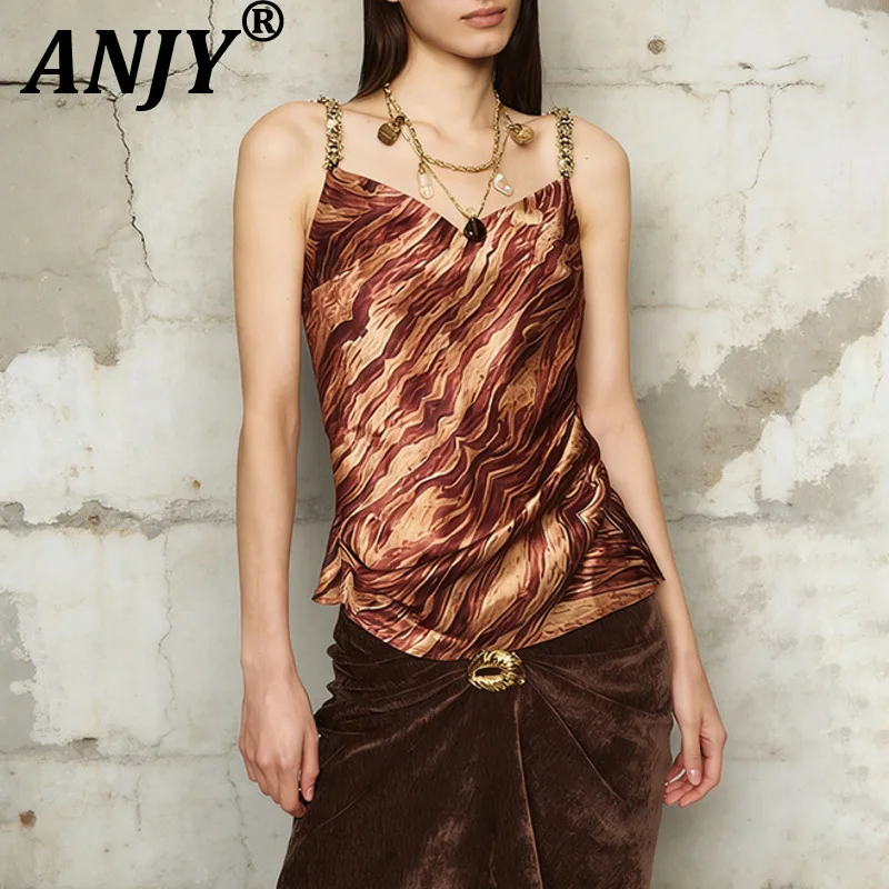 

ANJY Новая летняя женская модная майка с принтом и стразами, без рукавов, с завязками, облегающая, в стиле High Street, A20660