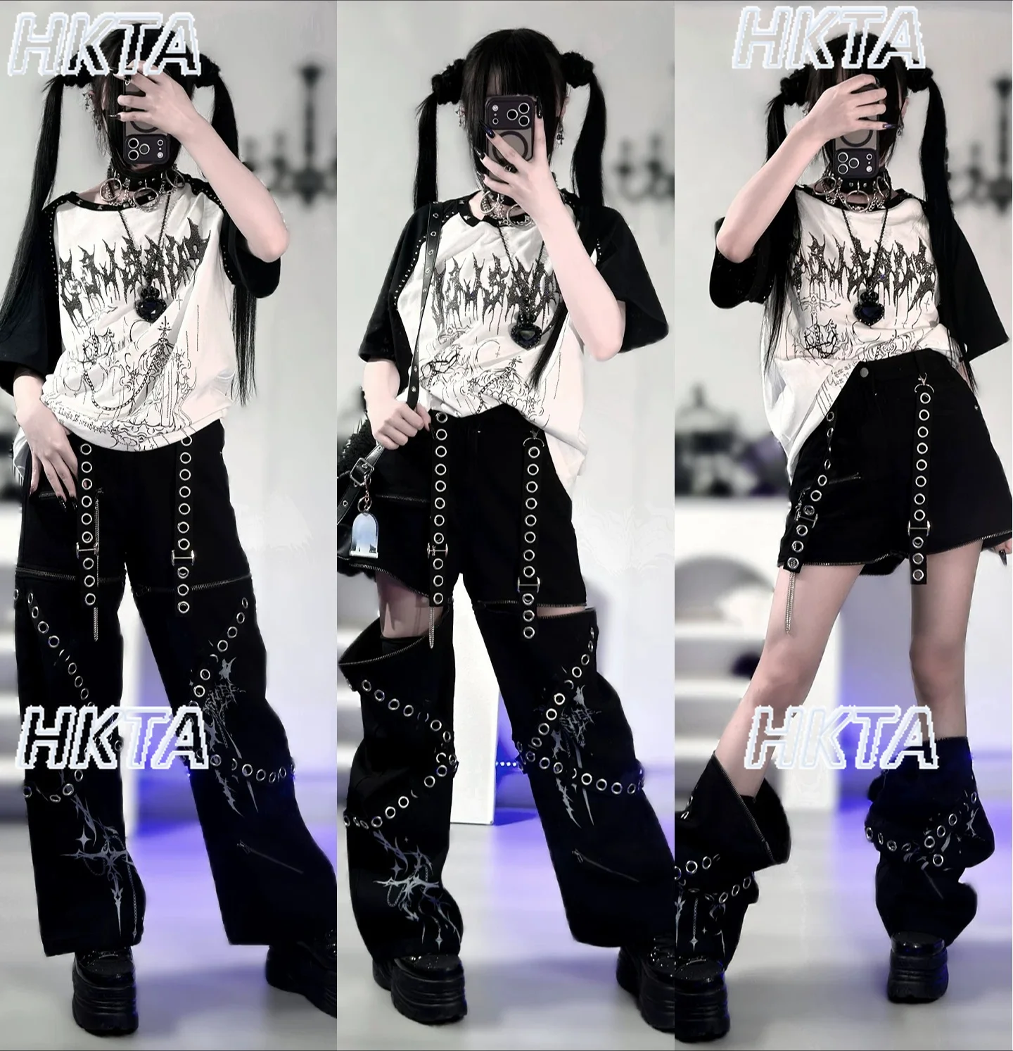 Japanese Autumn New Dark Street Detachable Jeans Subculture Gothic Personality Y2K Cool Printed Long Trousers Black Shorts Women