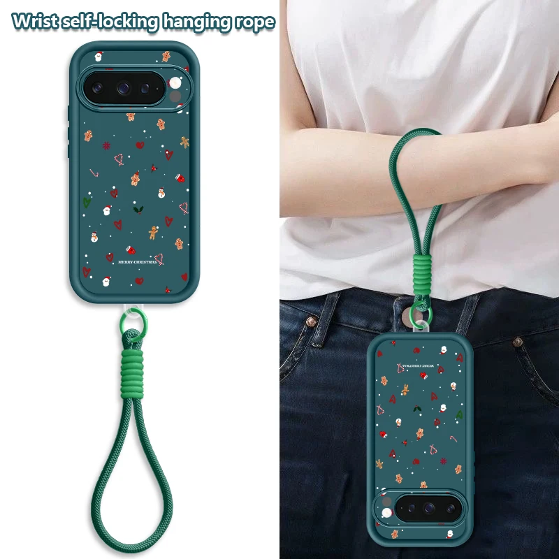 Christmas Heart Pattern Phone Case For Google Pixel 10 8 7 Pro 9A 8A Pixel 9 10 Pro XL Wrist Strap Lanyard Soft TPU Back Cover