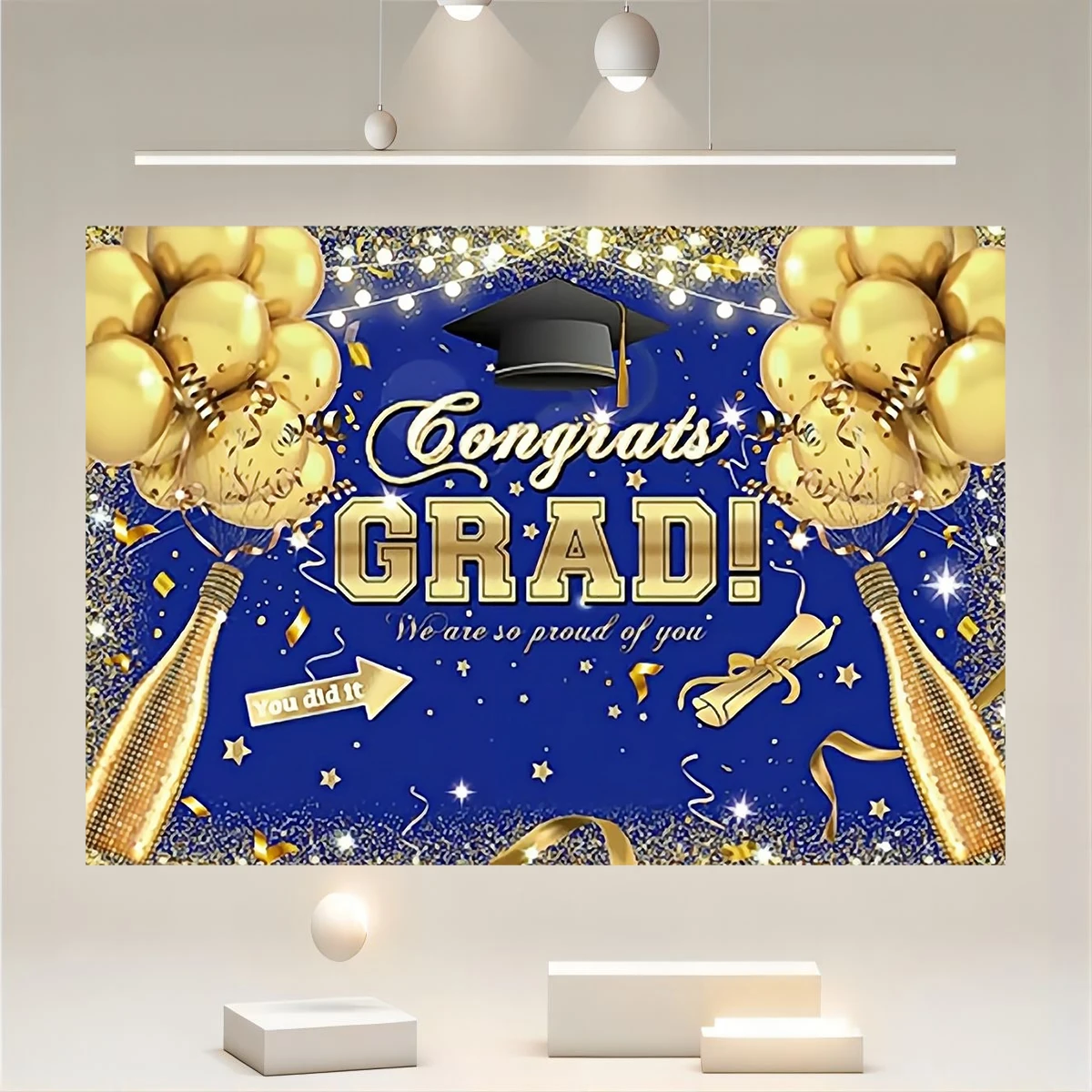 Graduation Background Hat Balloon Fireworks Blue Graduation Party Decoration Banner Congratulations on Graduation Background