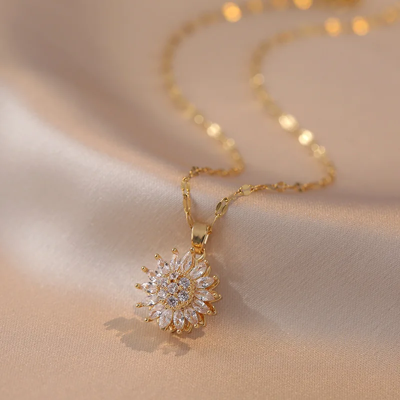 Double-layer Rotatable Sunflower Necklaces Ring Earrings For Women Girl Chain Choker Stainless Steel Jewelry Set Accessories