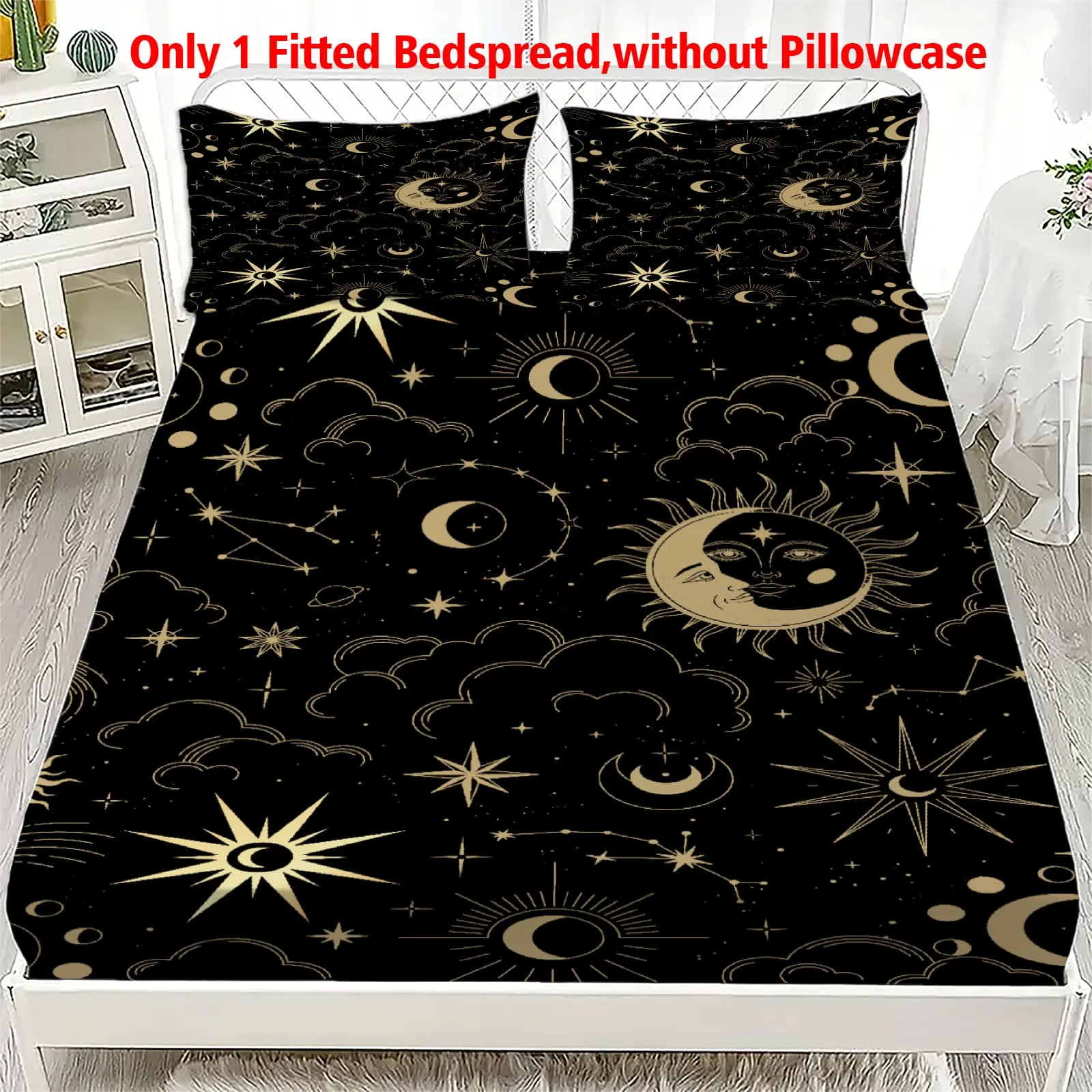 1pc Gold Celestial Sun Moon Stars Print Fitted Sheet Deep Pocket Elastic Mattress Cover Single Double Queen King Bedroom Decor