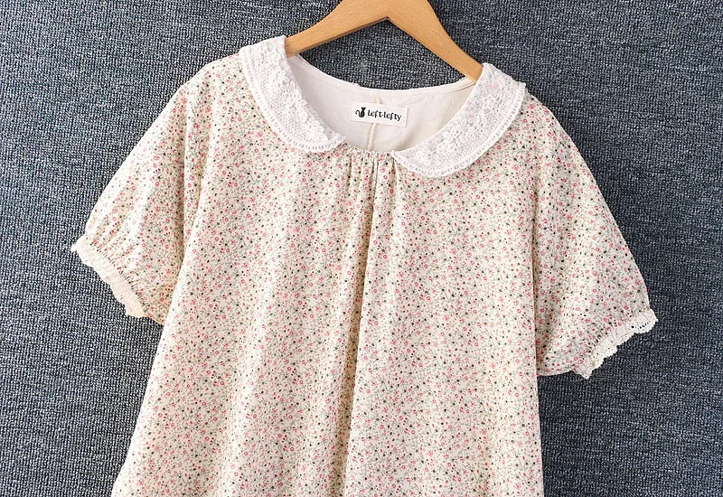 Women's Mori Girl Floral Print Vintage Cotton Linen Dress, Short Sleeve, Peter Pan Collar, Casual Loose Patchwork Dresses