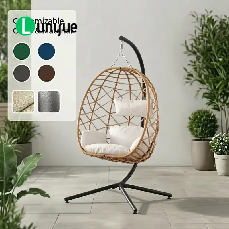 Wicker Rattan Hanging Egg Swing Chair with Cushion and Stand Outdoor Patio Poolside Backyard Terrace Leisure Furniture