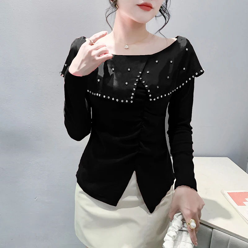 2025,New European Clothes Fall Winter T-Shirt Chic Sexy Off Collar Shiny Beading Patchwork Women's Tops Long Sleeve Tees 49010
