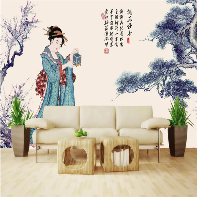 

Chinese Ink Ancient Lady Figure Background Mural Wallpaper Restaurant Hotel Retro Industrial Decor Papel De Parede 3D Wall Paper