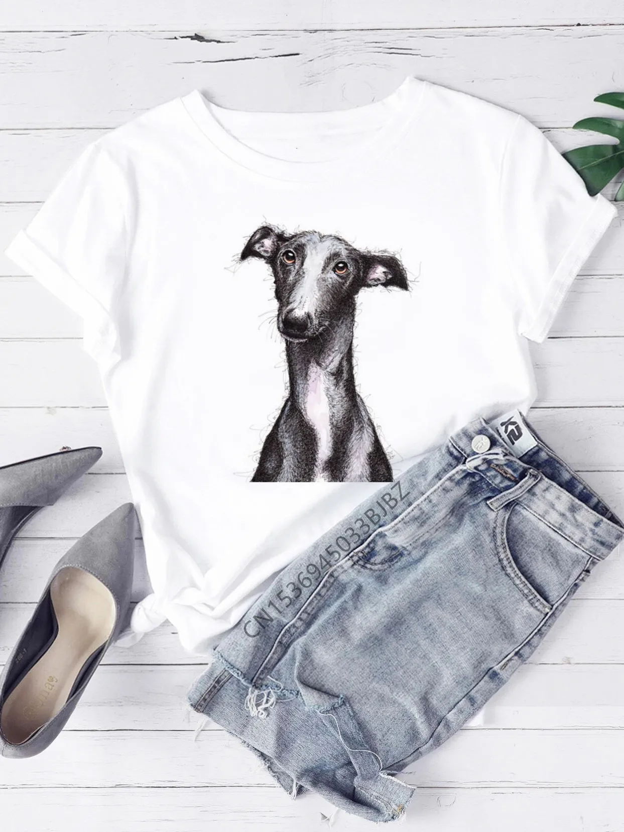 Greyhound Dog  Women Funny Print Ladies T-shirt Girl Y2K Basis O-collar White Shirt Short