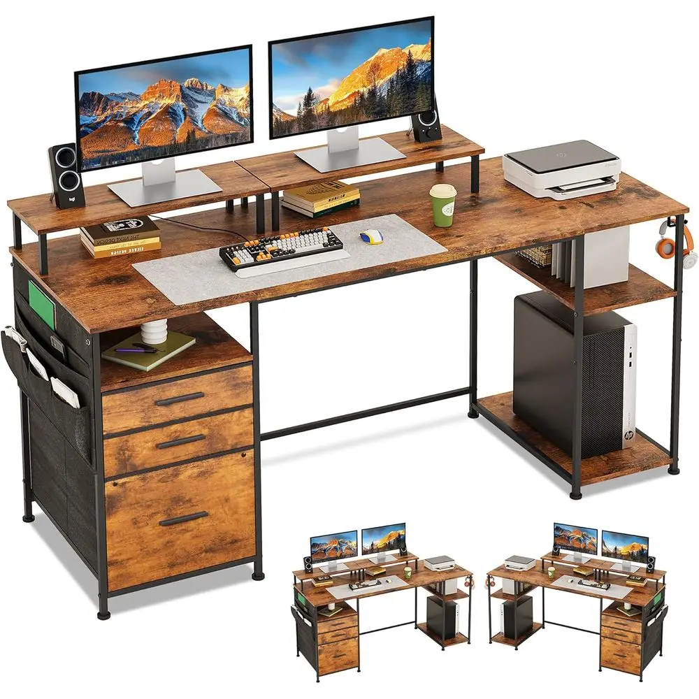 مكتب خزانة ملفات ذات 3 أدراج باللون البني الريفي، مكتب ألعاب قابل للعكس 57.8 مع أرفف تخزين وحامل شاشة مزدوج للمنزل والمكتب