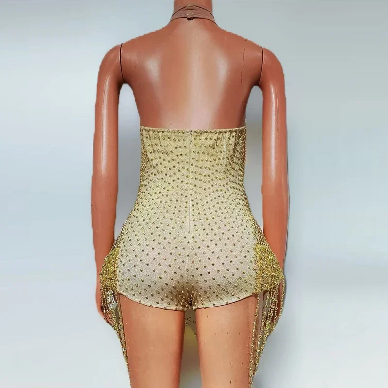 Traje de fiesta de perlas blancas y doradas, traje de Festival de cantante para mujer, disfraz de celebración, ropa para actuación en escenario, mono de lujo