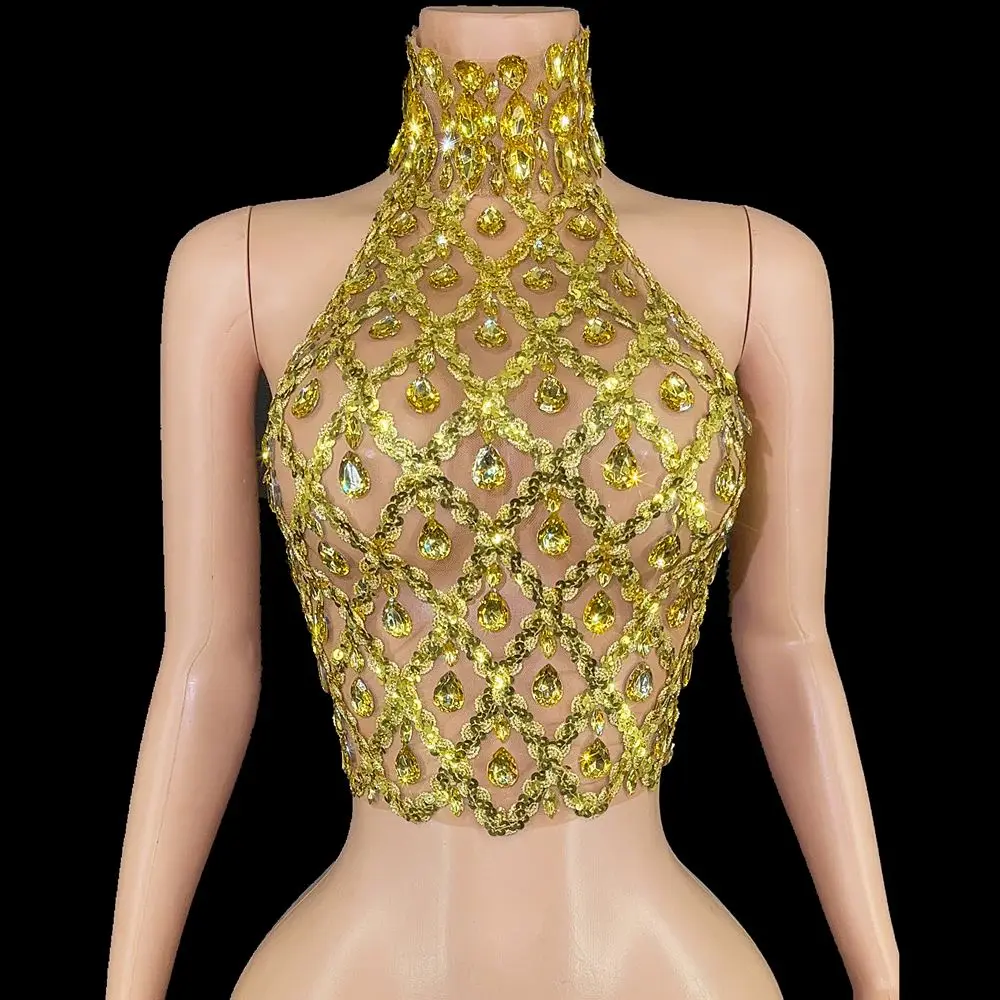 Sparkly Gold Crystals Backless Bandage Crop Tops Women Sexy Mesh See Through  Evening Prom Party Birthday Outfit