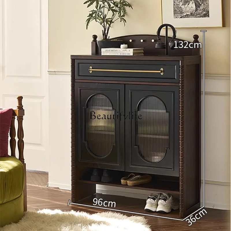 

French retro solid wood storage cabinet door storage small apartment entrance partition cabinet