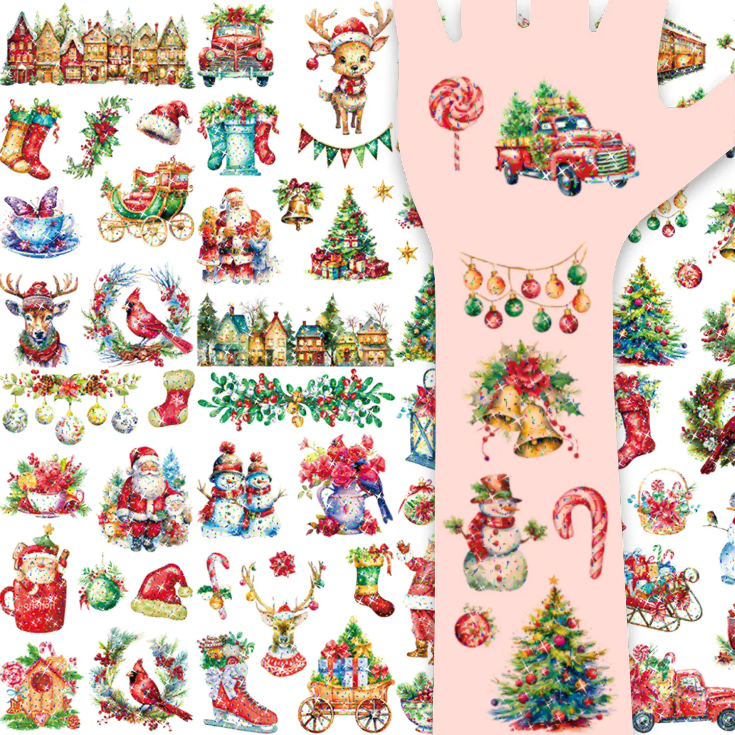 

10 Sheets of 92 Cartoon Christmas Series Pattern Glitter Temporary Tattoo Stickers, Retro Style, Santa Claus, Christmas Snowman, Christmas Stockings, Christmas Decoration Patterns, Sparkling Waterproof Fun Fake Tattoo Stickers, Suitable as Christmas Party
