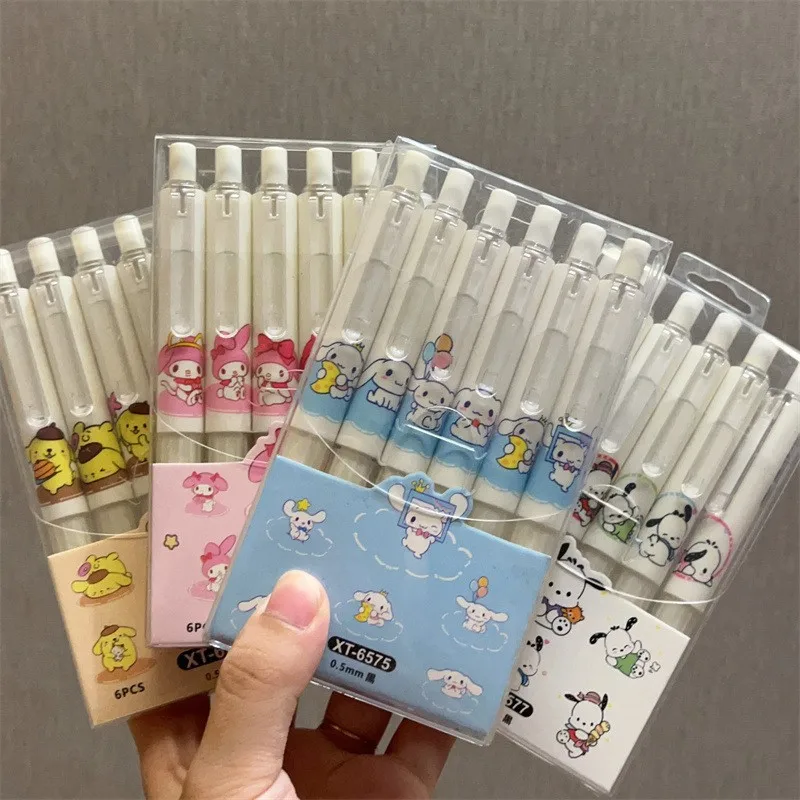 6pcs Sanrio Hello Kitty Pen Cinnamoroll Kuromi Melody Pom Pom Purin Kawaii Press Neutral Pen Box Cartoon Cute Y2k Press Pen Gift