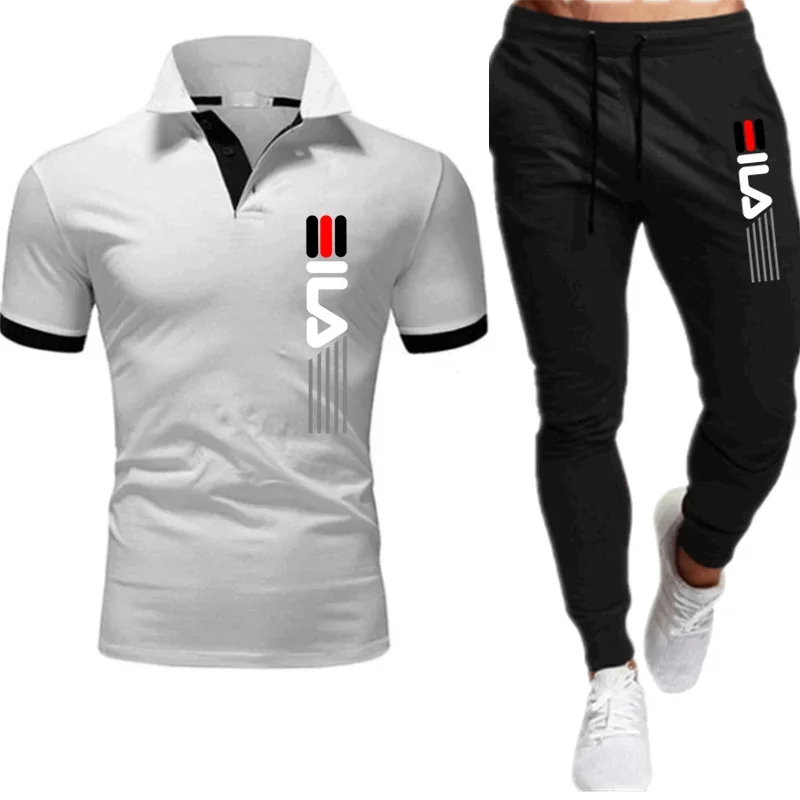 Men\'s Trousers Tracksuit 2 Piece Set Printed Summer Jogger Sportswear Short Sleeve POLO Shirt+Long Pants Casual Street Clothes