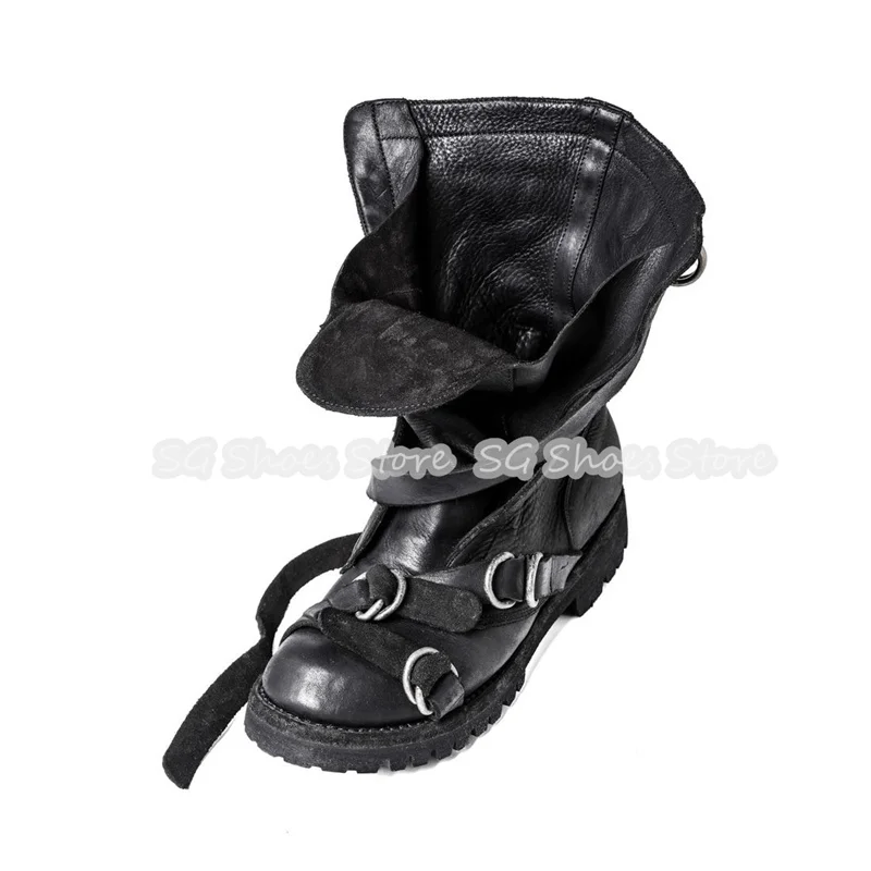 

Male Knight Boots High Top Chunky Bottom Square Heel Cross Strap Boots Black Gothic Style Belt Buckle Motorcyce Boots for Men