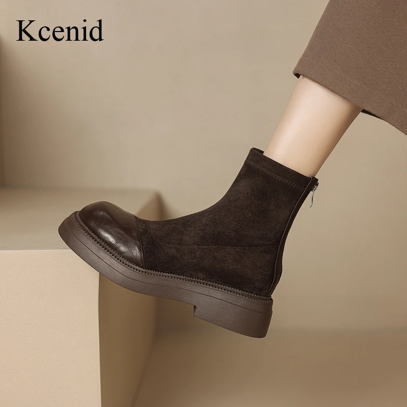 

Kcenid Women's Round Toe Ankle Boots Comfortable Thick Heel Casual Autumn Winter Lady Motorcycle Boots Size 43 Splicing Design