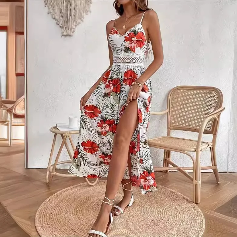 

Women Sexy Sling Long Dress Fashion Flower Print Backless Lace Splicing Dresses Side Slit Beach Dresses Vacation Vestidos Robe
