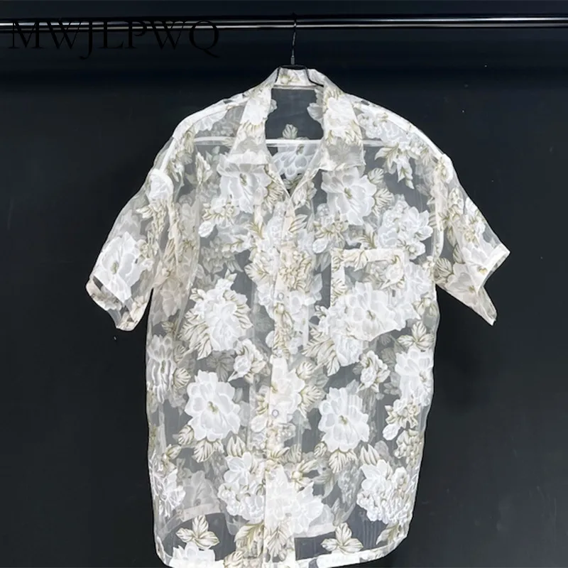 

MWJLPWQ Suncreen Flower Niche Design Short Sleeve Shirts Male Transparency Lapel Streetwear Hamdsome Casual Loose Tops 010867