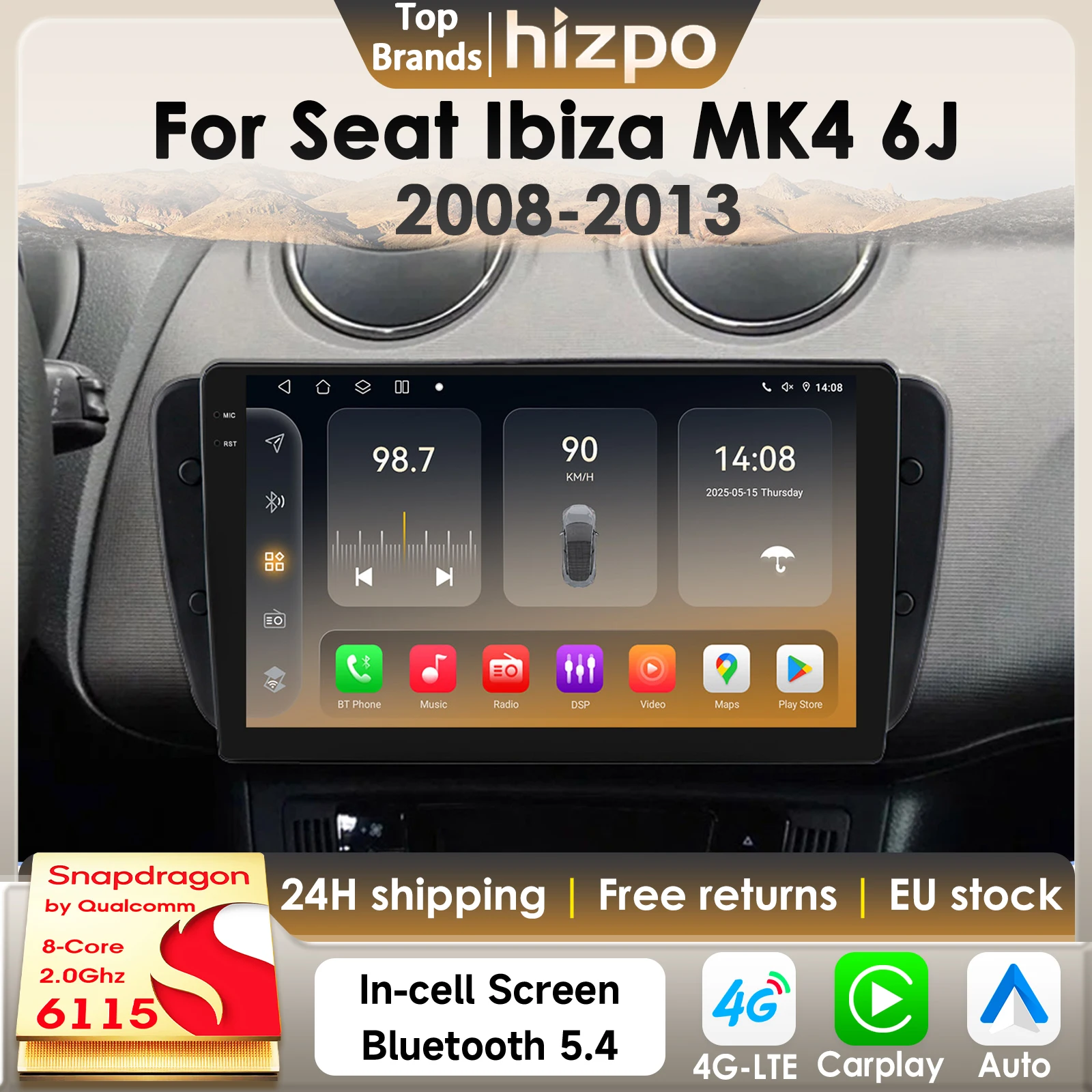 Hizpo Android14 Autoradio für Seat Ibiza MK4 6J 2008–2015 Multimedia-Player CarPlay Android Auto GPS 360 Kamera von Snapdragon6115