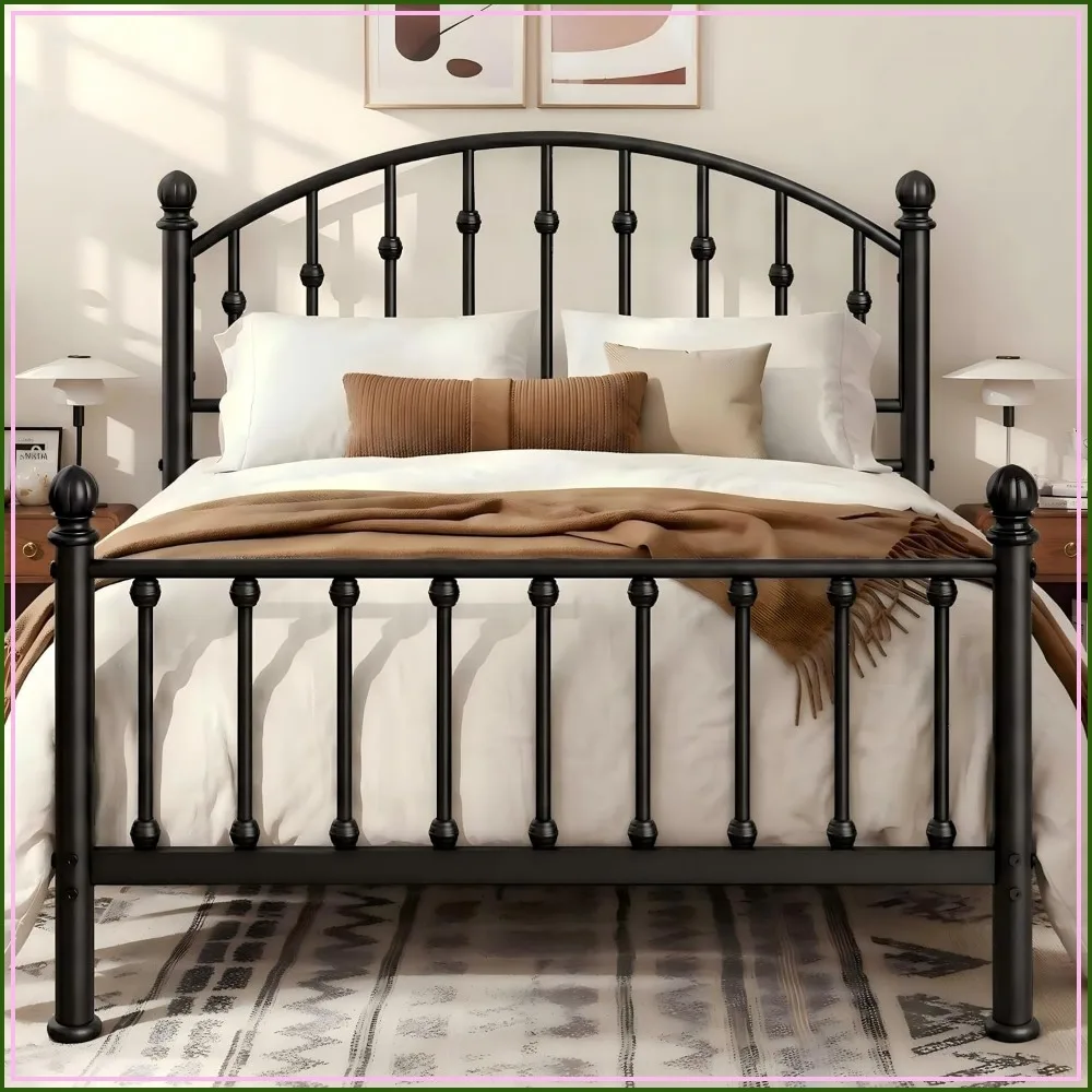 Twin Bed Frame with Tall Headboard, Metal Bedframe for Kids Teens Adults