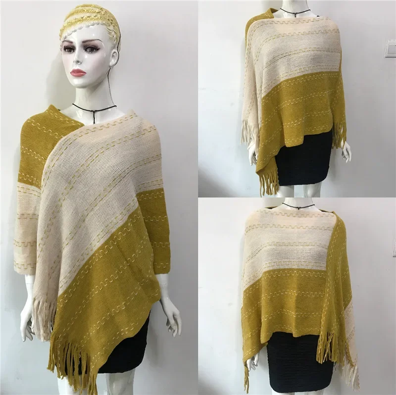 2024 Spring Autumn Color Matching Tassel Knitted Shawl Women New Warm Imitation Cashmere Pullover Cloak Sunscreen Gray