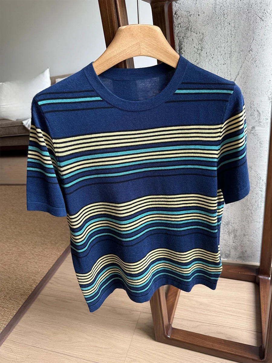 Heidd Spring Summer Thin Short Sleeve round Neck Striped Color Block T-Shirt Casual Style Loose Fit Ladies Fashion