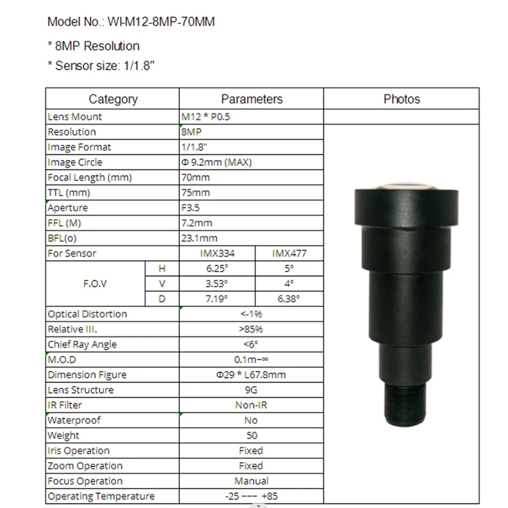 Witrue HD 8MP Aiming Lens Long View Distance 70MM M12 Mount Aperture F3.5 Format 1/1.8