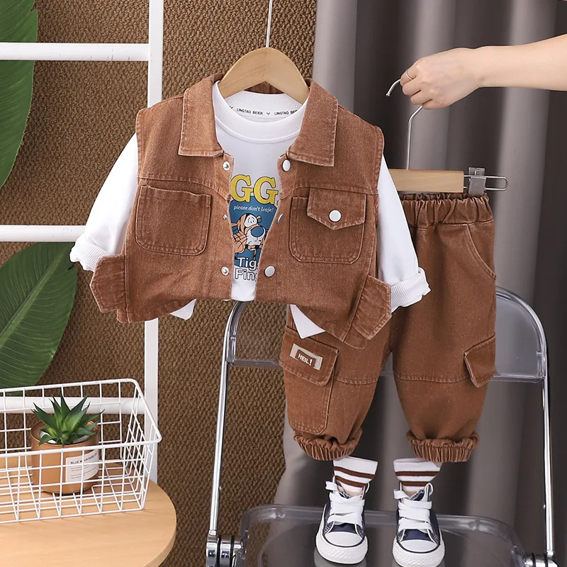 

Toddler Boys Outifts 2024 Baby Boy Fall Clothes Casual Solid Color Sleeveless Vest + Shirts + Pants Three Piece Kids Tracksuits