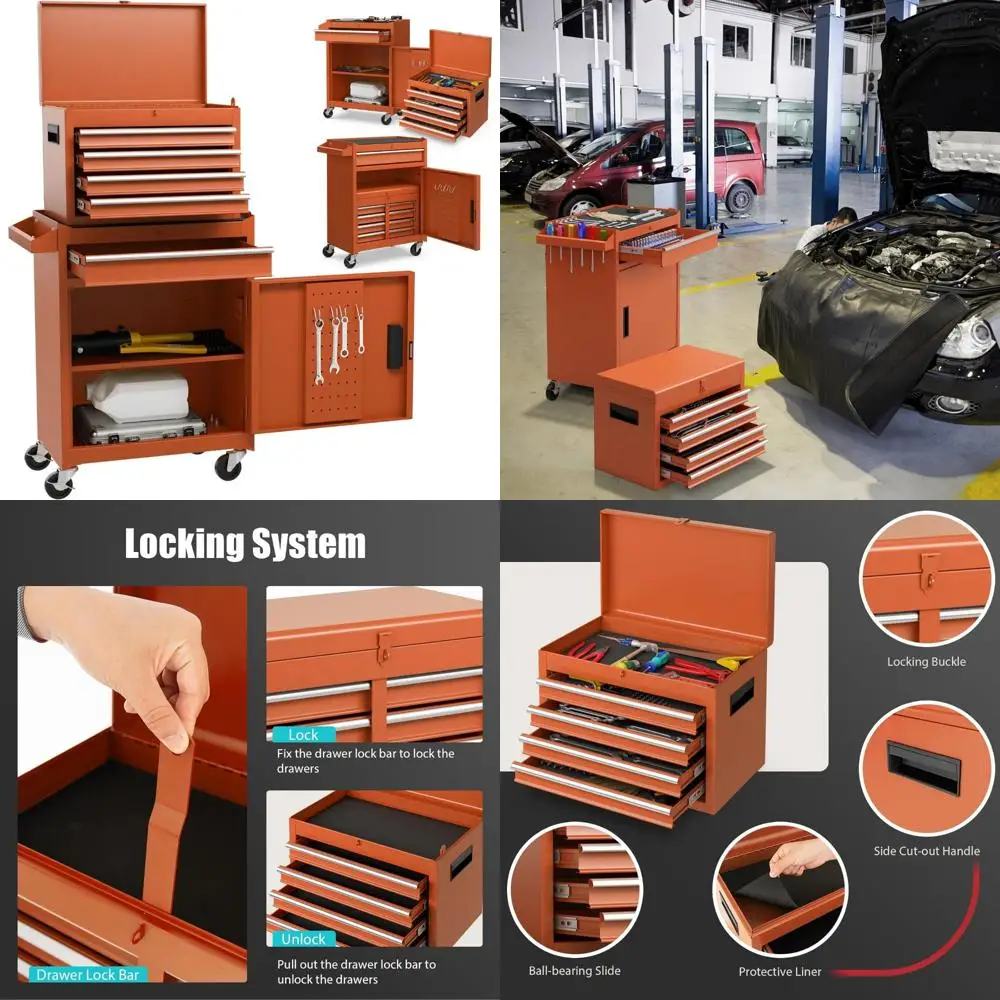 Cassapanca portautensili con ruote a 5 cassetti con ruote bloccabili, ripiano regolabile, fodera antiscivolo, organizer staccabile per riporre garage e