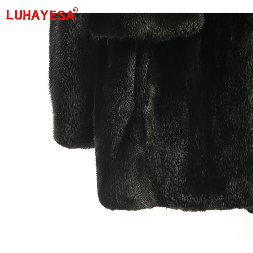 2024 New North Ameria Female Mink Fur Coat Luhayesa Black Medium Long V Neck Top Luxury Real Fur Mink Jackets