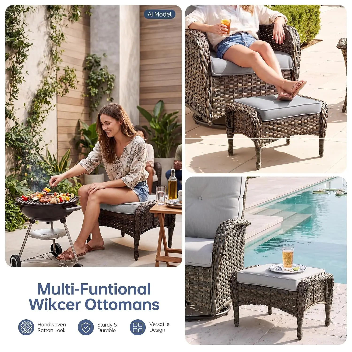 Wicker Ottoman Set Thick Cushions All Weather PE Rattan Footrest Stool Patio Seat Porch Deck, Customized
